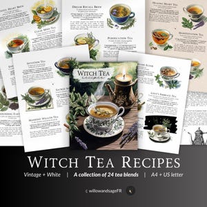 Op de afbeelding: Een verzameling van 24 heksenthee-recepten, geïllustreerd met aquarelverf van theekopjes, kruiden en bloemen. De recepten zijn gedrukt op vintage-papier met de titel "Witch Tea Recipes" in een decoratief lettertype. De tekst bevat de woorden "Vintage + White" en "A collection of 24 tea blends".