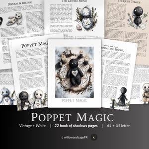 Puede incluir: Un conjunto de páginas de estilo vintage con ilustraciones y texto, con una imagen central de una muñeca poppet negra rodeada de velas. El texto dice "Poppet Magic" y "22 páginas del libro de las sombras".