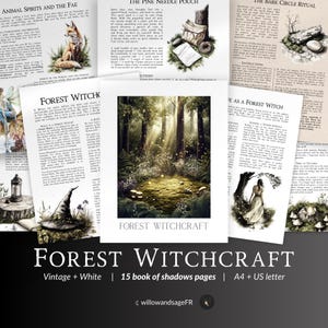 May include: A selection of vintage-style pages featuring illustrations and text, including a fox, a forest scene, and a woman under a tree. The title "FOREST WITCHCRAFT" is displayed, with the text "Vintage + White | 15 book of shadows pages | A4 + US letter".