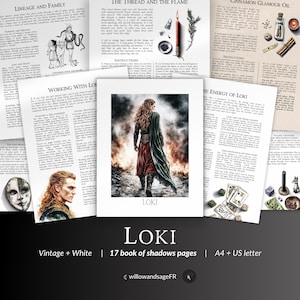 May include: A collection of vintage-style pages from a book of shadows, featuring illustrations and text. The central image is a portrait of Loki. The pages are white with black text and illustrations. The text includes the words "Lineage and Family", "The Thread and the Flame", and "Cinnamon Glamour Oil".