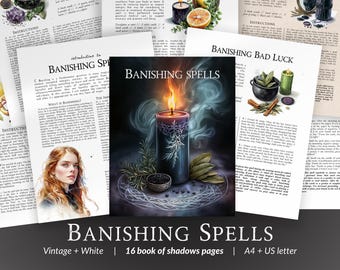 Può includere: Un libro di pagine d'ombra stampabile con illustrazioni e testo in bianco e nero. Il libro è intitolato "Banishing Spells" e presenta incantesimi per bandire i dubbi su se stessi, la malattia, le cattive abitudini e la sfortuna. Il libro ha 16 pagine ed è disponibile in formato A4 e lettera US.