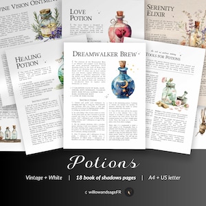 Può includere: Un libro di ricette di pozioni in stile vintage con illustrazioni ad acquerello. Il libro presenta ricette per la Pozione d'Amore, l'Elisir di Serenità, la Pozione di Guarigione, la Pozione del Sognatore e l'Unguento per la Visione della Vite. Il libro include anche istruzioni per la creazione di pozioni e strumenti per la creazione di pozioni.