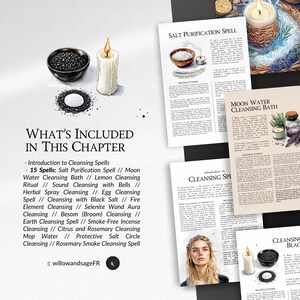 Puede incluir: Una ilustraci&oacute;n digital de una portada de libro con el t&iacute;tulo "What's Included in This Chapter" y una lista de 15 hechizos de limpieza. La portada del libro presenta un taz&oacute;n negro con sal negra, una vela blanca y un fondo de acuarela.