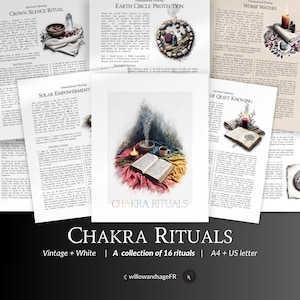 Puede incluir: Una colección de 16 Rituales de Chakras, vintage y blanco, con opciones A4 y US letter. La imagen muestra una ilustración central con un libro abierto, una vela y una taza, rodeados de telas coloridas. Se ven páginas adicionales con texto.