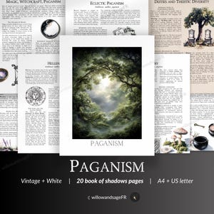 Pode incluir: Um conjunto de páginas em estilo vintage com texto e ilustrações sobre magia, bruxaria e paganismo. A imagem central é uma paisagem florestal com uma luz brilhante. A palavra "PAGANISM" é exibida. As páginas são "Vintage + White".