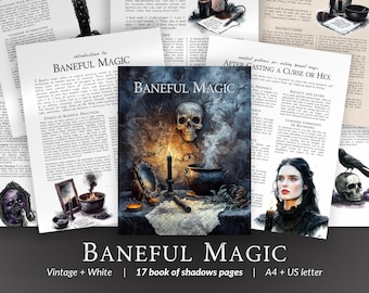 Può includere: Un libro di ombre in stile vintage con uno schema di colori bianco e nero. La copertina presenta un teschio, un calderone e una candela. Il titolo è "Baneful Magic" e il sottotitolo è "17 pagine del libro delle ombre".