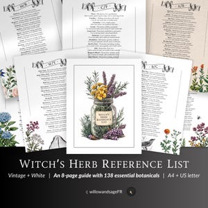 Guida alle erbe delle streghe: oltre 40 pagine di riferimento sulle erbe magiche, Grimorio del Libro delle Ombre stampabile, Usi della stregoneria, Indice delle erbe per streghe