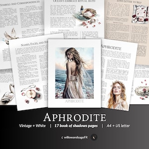 May include: A collection of vintage-style pages with text and illustrations, including a central image of a woman by the sea. The title "APHRODITE" is prominently displayed, along with the text "Vintage + White | 17 book of shadows pages | A4 + US letter."