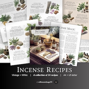 Puede incluir: Una colección de 24 recetas de incienso con ilustraciones vintage. Las recetas están escritas en blanco sobre un fondo marrón. La imagen también incluye un dibujo de una mesa con varios ingredientes de incienso y varillas de incienso ardiendo.