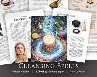 Puede incluir: Un libro de páginas de sombra imprimible con ilustraciones e instrucciones para hechizos de limpieza. El libro incluye hechizos para purificación con sal, limpieza con escoba, limpieza de sonido con campanas y limpieza con sal negra. El libro se titula "Hechizos de limpieza" y está disponible en vintage y blanco.