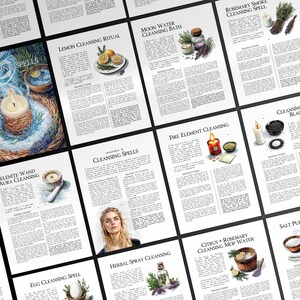 Puede incluir: Un conjunto de tarjetas imprimibles con ilustraciones de acuarela y texto para diversos rituales de limpieza. Las tarjetas muestran im&aacute;genes de limones, velas, hierbas y otros elementos naturales. El texto incluye instrucciones para cada ritual, como "Ritual de limpieza con lim&oacute;n", "Ba&ntilde;o de limpieza con agua de luna" y "Hechizo de limpieza con humo de romero".