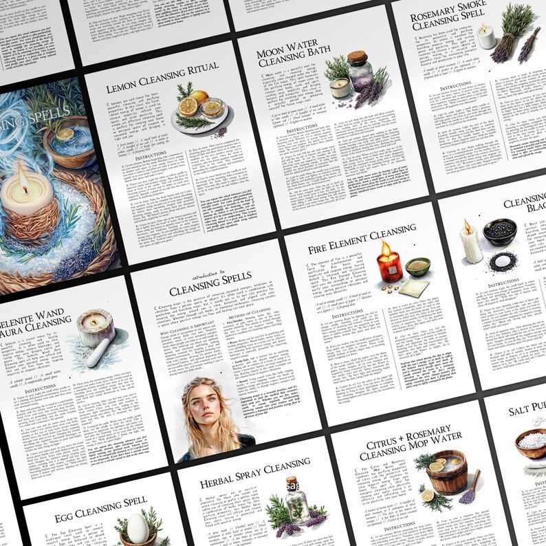 Puede incluir: Un conjunto de tarjetas imprimibles con ilustraciones de acuarela y texto para diversos rituales de limpieza. Las tarjetas muestran im&aacute;genes de limones, velas, hierbas y otros elementos naturales. El texto incluye instrucciones para cada ritual, como "Ritual de limpieza con lim&oacute;n", "Ba&ntilde;o de limpieza con agua de luna" y "Hechizo de limpieza con humo de romero".