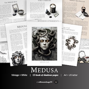 Puede incluir: Un libro de sombras de estilo vintage con un esquema de color blanco y negro. La portada presenta una ilustración de Medusa con serpientes y un título que dice "MEDUSA". El libro tiene 15 páginas y está disponible en tamaños A4 y carta de EE. UU.