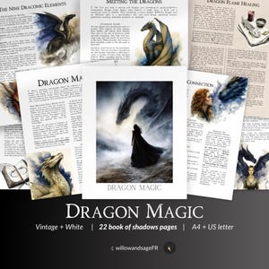 May include: A collection of vintage-style pages with dragon illustrations and text. The central image features a woman in a black dress facing a dragon. The text "DRAGON MAGIC" is prominently displayed. The pages are A4 and US letter size.
