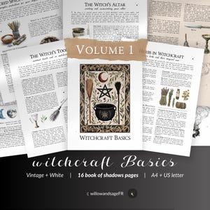 Pode incluir: Um livro de sombras de estilo vintage com uma capa em preto e branco que apresenta um caldeirão de bruxa, uma vassoura e um pentagrama. O título é "Witchcraft Basics" e o subtítulo é "16 páginas de livro de sombras | A4 + US letter".