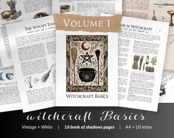 May include: A vintage-style book of shadows with a black and white cover featuring a witch's cauldron, broom, and pentagram. The title is "Witchcraft Basics" and the subtitle is "16 book of shadows pages | A4 + US letter".