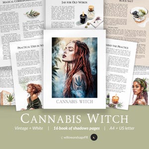 May include: A collection of pages from a book of shadows, featuring illustrations and text on witchcraft. The central image is a woman with red hair and cannabis leaf tattoos. The text reads "Cannabis Witch".