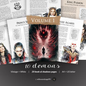 以下が含まれることがあります： 白地にヴィンテージスタイルの10体の悪魔のイラストのセット。イラストは20ページのシャドウブックの一部です。この本はA4とUSレターサイズで入手できます。本のタイトルは「悪魔」で、巻数は「1」です。