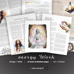 Puede incluir: Un libro de sombras imprimible de 22 p&aacute;ginas con ilustraciones de trabajo energ&eacute;tico, chakras y meditaci&oacute;n de protecci&oacute;n. El libro se titula "energy Work" e incluye el texto "Vintage + White | 22 book of shadows pages | A4 + US letter".