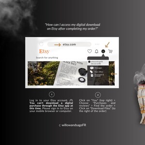 Puede incluir: Una captura de pantalla del sitio web de Etsy que muestra c&oacute;mo acceder a las descargas digitales despu&eacute;s de completar un pedido. La imagen muestra una pantalla de computadora con el sitio web de Etsy abierto. El texto en la pantalla dice "Inicie sesi&oacute;n en su cuenta de Etsy. No puede descargar una compra digital a trav&eacute;s de la aplicaci&oacute;n Etsy en este momento. Inicie sesi&oacute;n en Etsy en su navegador m&oacute;vil o computadora." y "Haga clic en "Usted" (arriba a la derecha) > Elija "Compras y rese&ntilde;as" > Encuentre el pedido > Haga clic en "Descargar archivos" (a la derecha del pedido)."