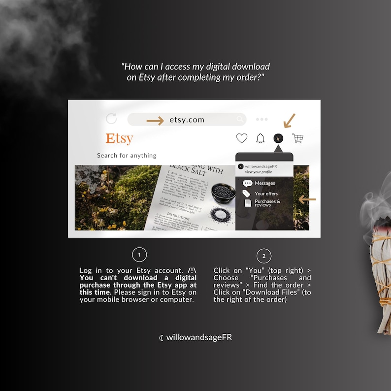 Puede incluir: Una captura de pantalla del sitio web de Etsy que muestra c&oacute;mo acceder a las descargas digitales despu&eacute;s de completar un pedido. La imagen muestra una pantalla de computadora con el sitio web de Etsy abierto. El texto en la pantalla dice "Inicie sesi&oacute;n en su cuenta de Etsy. No puede descargar una compra digital a trav&eacute;s de la aplicaci&oacute;n Etsy en este momento. Inicie sesi&oacute;n en Etsy en su navegador m&oacute;vil o computadora." y "Haga clic en "Usted" (arriba a la derecha) > Elija "Compras y rese&ntilde;as" > Encuentre el pedido > Haga clic en "Descargar archivos" (a la derecha del pedido)."
