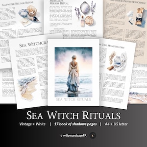 May include: A selection of vintage-style pages with watercolour illustrations and text, detailing sea witch rituals. The pages include titles such as "Saltwater Release Ritual" and "Mermaid's Mirror Ritual".
