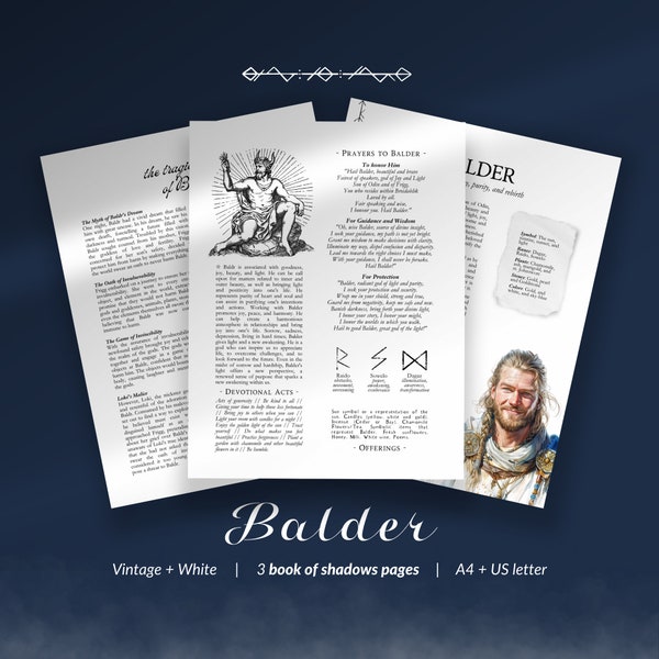 Baldr God, Norse Gods book of shadows printable, Book of Shadows, Norse God pages, Balder God Grimoire Pages, Printable BOS, Grimoire Pages