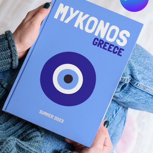 Mykonos Griechenland Reise Fotobuch Canva Vorlage, Assouline Ästhetik, kreatives modernes Designer Kaffeetischbuch, anpassbares Reisealbum