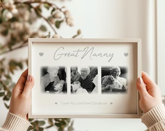 May include: A framed print with the words "Great Nanny" in elegant script, featuring three black and white photos. The print includes the text "I Love You, Love From Claudia xxx" and heart symbols.