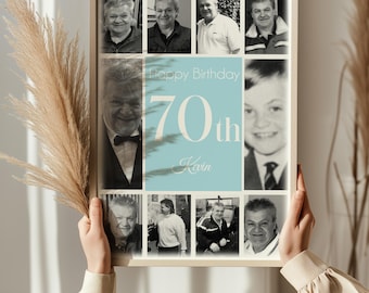 May include: A framed collage featuring multiple black and white photos of a person, with a central light blue panel that reads "Happy Birthday 70th Kevin". The frame is a light beige color.