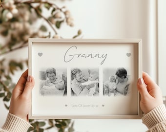 May include: A framed print with the word "Granny" in cursive script. The frame holds three black and white photos of a grandmother with a baby. The text "Lots Of Love Lily xx" is below the photos.