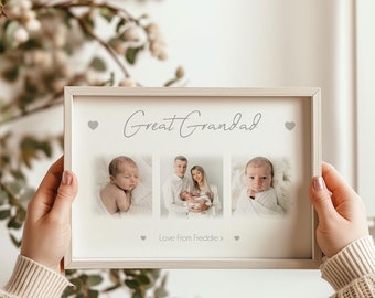 May include: A framed photo collage with the words "Great Grandad" in elegant script. The collage includes three photos, two of a baby and one of a family. The bottom of the frame reads "Love From Freddie x".