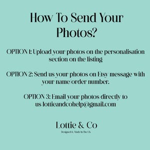 May include: A teal background with black text that reads "How To Send Your Photos?" and three options: upload photos, send via Etsy message, or email to lottieandcohelp@gmail.com. The Lottie & Co logo is at the bottom.
