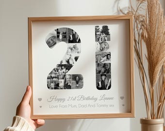 Personalised 21st Birthday Photo Collage Frame, 21st Birthday Gift, 21st Birthday Framed Print, 21st Birthday Number Collage. Upto 30 Photos