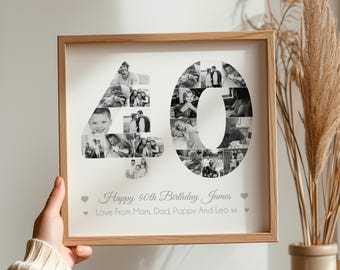 Może przedstawiać: Oprawiony czarno-biały kolaż zdjęć w kształcie liczby 40. Kolaż wypełniony jest wieloma małymi zdjęciami. Tekst "Happy 40th Birthday James" i "Love From Mam, Dad, Poppy And Leo xx" jest wydrukowany poniżej numeru.