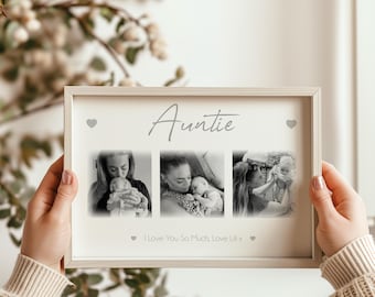 May include: Auntie photo frame with three black and white images of a person holding a baby. The frame has the word "Auntie" in cursive and the text "I Love You So Much, Love Lili x".