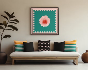 Blush Pansy Framed Canvas Wall Art, Bright Green Background, Check Inspired Frame Detailing, Black Square Wood Frame, Modern Floral Decor