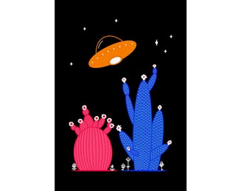 Desert Encounter Art Print - UFO/UAP + Cactus, Aliens, Cactus Decorating, Floral, Blooming Cactus, Gallery Wall Decoration, Decorator