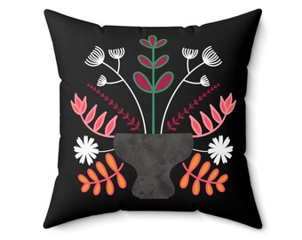 Urban Bloom Square Decorative Pillow -  Modern Folk Art, Concrete Vase with Floral & Botanical Elements, Eclectic Home Decorating