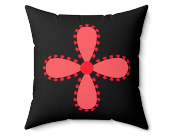 Neon Coral Abstract Flower + Black Check Pattern Double-Sided Square Pillow, Artful Modern Home Decor, Vibrant Color, Eclectic Decorating