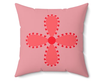 Neon Coral Abstract Flower + Pink Check Pattern Double-Sided Square Pillow, Artful Modern Home Decor, Vibrant Color, Eclectic Decorating