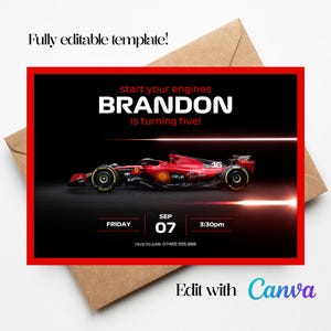 Formule 1 Ferrari verjaardagsuitnodiging - F1-auto uitnodigen - F1 feestuitnodiging - Formule 1-feest - bewerkbare sjabloon, elke leeftijd, Instant Download