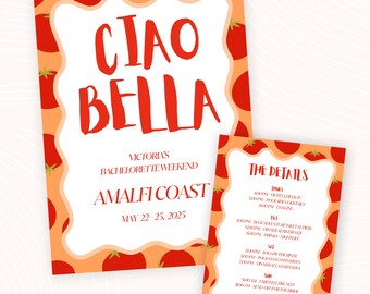 Sjabloon uitnodiging Italiaanse zomer vrijgezellenfeest – Ciao Bella / Amalfi-thema, bewerkbare 5 x 7 uitnodiging, direct downloaden