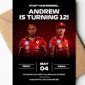 Formule 1 Ferrari verjaardagsuitnodiging, F1-auto verjaardagsuitnodiging, F1-feestuitnodiging, F1-feest, bewerkbare verjaardagssjabloon, Formule 1-verjaardag