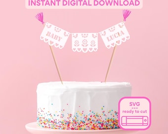 パペルピカドケーキトッパーSVG：カスタマイズ可能なベビーシャワー、洗礼、誕生日（デジタルダウンロード）