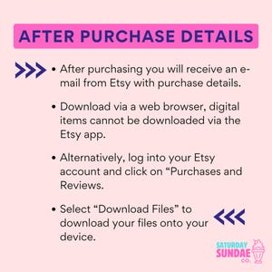 以下が含まれることがあります： 「AFTER PURCHASE DETAILS」のテキストと、購入後にファイルをダウンロードする方法を説明する箇条書きが記載されたピンク色のグラフィック。Saturday Sundae Co.のロゴが右下にあります。
