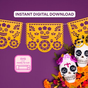 May include: A colourful image showing yellow papel picado banners with floral and heart cutouts, and two decorated sugar skulls. The banners are strung against a purple backdrop, with the text "INSTANT DIGITAL DOWNLOAD" at the top.