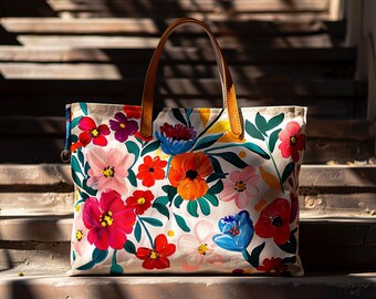 Flower Painting Bag, Floral Canvas Bag, Beach Tote Bag, Market Shopping bags, Eco Tote Bag, Canvas Tote Bag