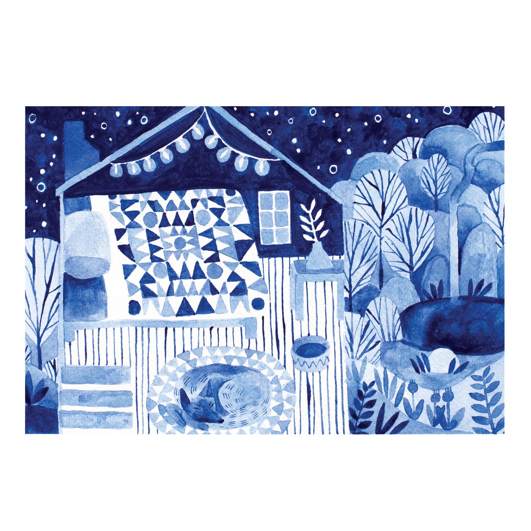 Blue House 8x10 Folk Art Print - Etsy