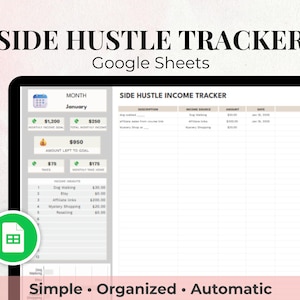 May include: A digital side hustle income tracker on a tablet screen. The Google Sheets template displays monthly income goals, income sources, and amounts. The text on the screen reads "SIDE HUSTLE TRACKER" and "Simple • Organized • Automatic."